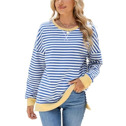 Image of SotRong Longline Striped Sweatshirt for Women Uk Crewneck Split Hem Pullover Casual Long Sleeve Baggy Tops Trendy Color Block Y2k Preppy T Shirts Blue White M