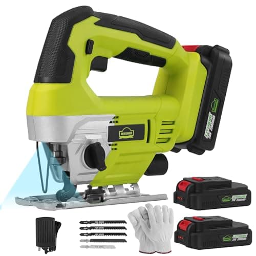 Image of DEWINNER 20V Cordless Jig Saws, Electric Jigsaw with 0-4 Orbital Sets, 2 x 2000mAh Battery, ±45°Bevel Cutting Angle,LED Light, 5PCS T-Shank Blades for Wood Metal Cutting