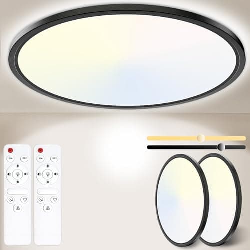 Image of Yexati Bathroom Light 24W 3200LM 30cm Dimmable with Remote Control 6500K-3000K, IP54 LED Bathroom Light Ultra Thin Flush Ceiling Light Round for Kitchen Toilet Porch Bedroom Utility Room Black 2 Pack