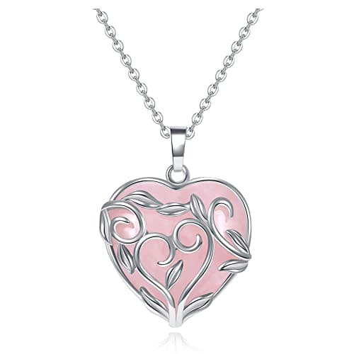 Image of JSDDE Rose Quartz Crystal Necklace Silver Wrapped Heart Crystals Gemstone Pendant Necklaces Healing Stones Necklace for Women