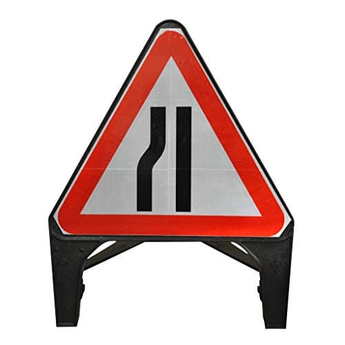 Image of Street Solutions UK - 750mm Road Q-Sign 'Road Narrows Left' - Plastic with Folding Leg