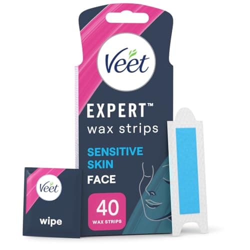 Image of Veet Expert Facial Wax Strips for Women, 40 Count + 4 Finish Wipes, Sensitive Skin Remover with Almond Oil, Dermatologically Tested, Effective Face Solution