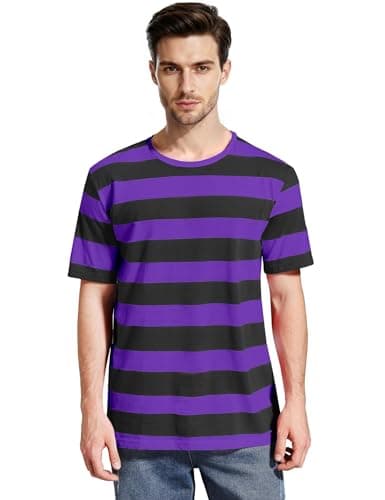 Image of Wide Striped T Shirt for Men Sailor Tee Red White Black Navy Stripes Top Basic, Black Purple Striped, Large