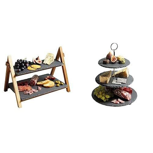 Image of Artesa 2-Tier Wooden Cake/Antipasti Stand with Slate Serving Platters, 40 x 30 x 25 cm Cake Stand and Serving Set, Slate, 3 Tier