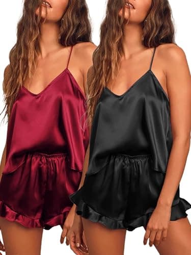 Image of Ekouaer 2 Packs Silk Pyjamas for Women Satin Pjs Set Sexy Cami Shorts Set Ruffle Sleepwear V Neck Loungewear, Black + Red L