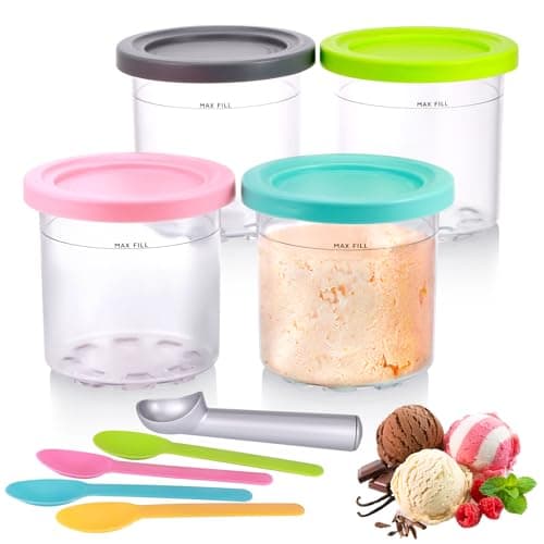 Image of Hejo 4 Pack Ice Cream Tubs for Ninja CREAMi NC300UK Series, 16 oz Pint Containers with Lid for Ninja Ice Cream Accessory Includes 4 Spoons + Aluminum Scoop