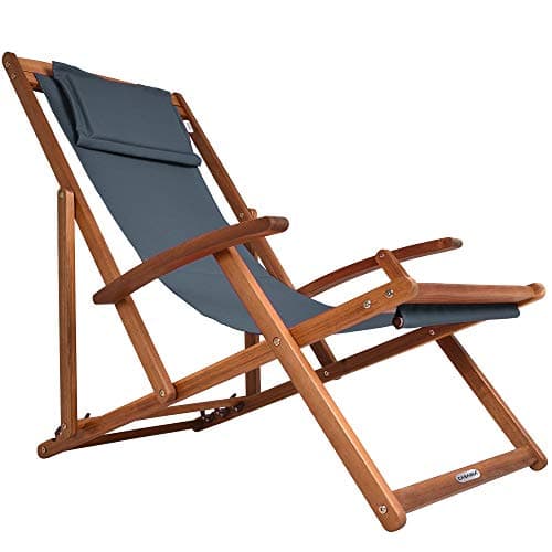 Image of CASARIA® Folding Wooden Deck Chair with Armrests and Neck Pillow | Solid Acacia Wood Frame | Resilient 160kg Capacity | Foldable Adjustable Headrest Breathable Garden Sun Lounger Anthracite