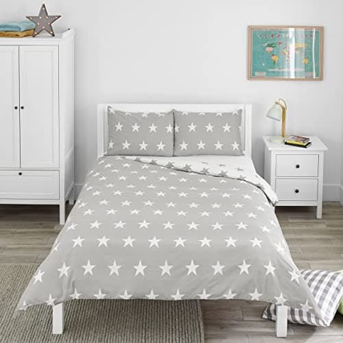 Image of Bloomsbury Mill - Kids Double Duvet Set - Kids Double Bedding for Boys and Girls - Grey and White Stars Reversible Childrens Double Bed Duvet Cover Set with 2 x Pillow Cases - 200x200cm