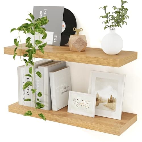 Image of Floating Shelves, 9.3 Inch Deep Rustic Floating Shelves for Wall Set of 2, 23.5cm Large Oak Wood Hanging Shelf for Bathroom Books Living Room Laundry Room Bedroom Kitchen Home Office Storage Organizer