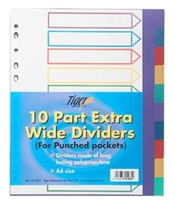 Image of Tiger A4 10 part extra wide dividers for punched pockets (10 packs)