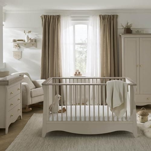 Image of CuddleCo Clara Nursery Furniture Set in Cashmere & Ash - Convertible Cot Bed, Dresser with Removable Baby Changing Table, Double Kids Wardrobe with 2 Hanging Rails and Adjustable Shelf (3pc)