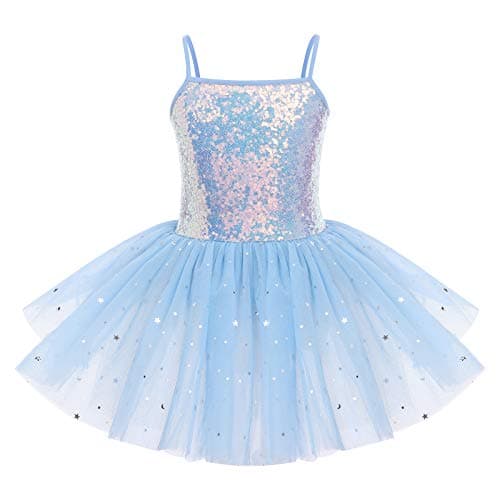 Image of IWEMEK Kids Girls Sequins Leotard Tutu Ballet Dress Sleeveless Spaghetti Strap Skating Gymnastics Children Dancewear Fairy Swan Dance Dresses Performance Ballroom Dancer Costume Blue 7-8 Years