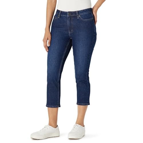 Image of Amazon Essentials Women's Medium-Stretch Slim-Fit Mid-Rise Capri Jeans, Dark Shadow Wash, 14