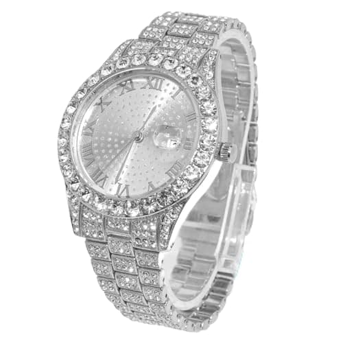 Image of HALUKAKAH Diamonds Gold Watch Iced Out, Men's Platinum White Gold Plated 42MM Width Round Dial Quartz Wristband 24cm, Free Giftbox