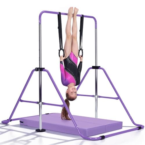 Image of M.J COMFY-LIFE Kids Gymnastics Bar with Mat – Adjustable Easy Assembly Training Kip Bar Horizontal Bar for Home, Gymnastics Equipment for Kid 5-12 years (Purple)
