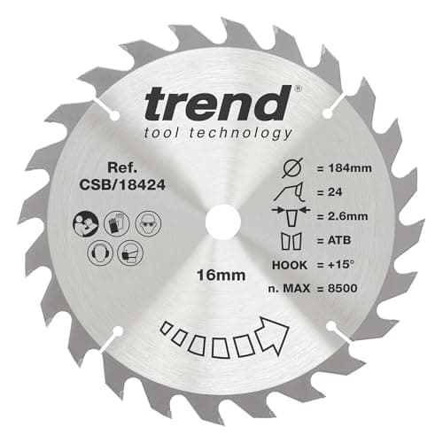 Image of Trend Wood Circular Saw Blade, 184mm Diameter, 16mm Bore, 24 Teeth, 2.6mm Kerf, +15° Hook, TCT, Medium Finish, CSB/18424