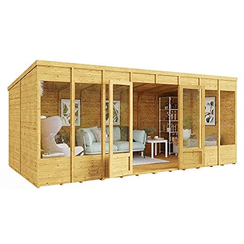 Image of BillyOh Bella 16 x 8 Summer House Shed, Modern Pent Roof Log Cabin | Spray Treated - Garden Room with Wide Double Doors, Tongue and Groove Construction | Versatile Tiny Home or Garden Office