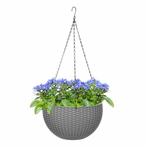 Image of ADEPTNA Beautiful Rattan Effect Hanging Planter – 26cm (10") Hanging Basket | Decorative Plant Pot for Home, Garden & Patio | Stylish Flower Bowl for Indoor & Outdoor Use (GREY)