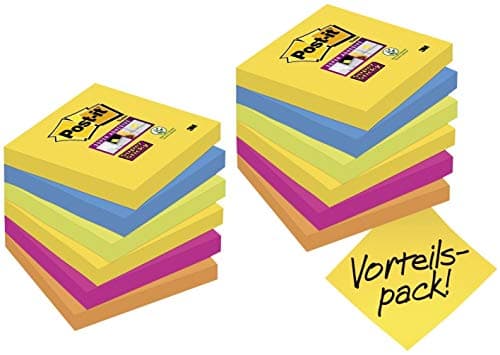 Image of Post-it Super Sticky Notes Cosmic Color Collection, Pack of 12 Pads, 90 Sheets per Pad, 76 mm x 76 mm, Yellow, Blue, Green, Pink, Orange Colors - Extra Sticky Notes For Note Taking & To Do Lists