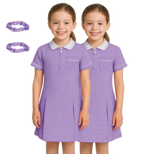 Image of SchoolStitch® Girls Gingham School Dress, Pack of 2 Kids Short Sleeve Zip Up Pleated Check Print Summer Dress with Side Pockets and Hair Bobble, School Uniform Girls Ages 3-20 Purple