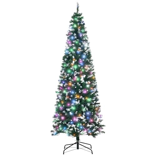 Image of HOMCOM 7FT Tall Prelit Pencil Slim Artificial Christmas Tree with Realistic Branches, 350 Colourful LED Lights and 818 Tips, Xmas Decoration, Green