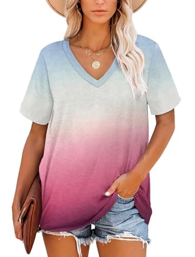 Image of MOLERANI T Shirts for Women Tops Short Sleeve V Neck Striped Summer Tops Casual Loose Tee Gradient Gray Pink M