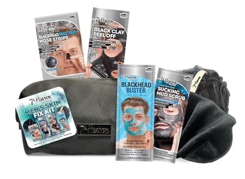 Image of 7th Heaven Men's Skin Fix Kit Gift Set with 3 Face Masks and 1 Set of Nose Pore Strips - Includes Black Wash Bag, Exfoliating Body Puff and Black Face Cloth