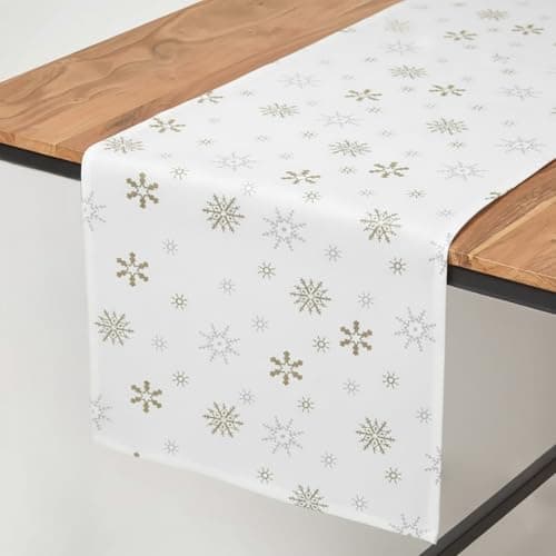 Image of HOMESCAPES - Christmas - Table Runner - Gold Snowflake - X Mas design - 17 x 70 Inch - 100% Cotton - White and Gold Colour - Washable at Home