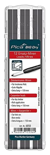 Image of Pica BIG DRY Pen Pack of 12 Pencil Refills Carpenters Black Graphite 2H 6050