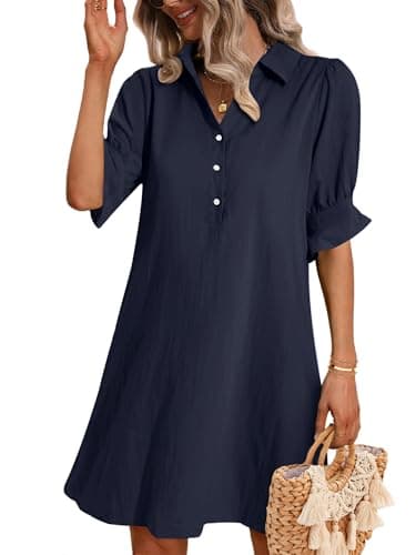 Image of Zeagoo Summer Dresses for Women UK Casual Loose Button Down Shirt Dresses Solid Color Tunic Dress Navy Blue