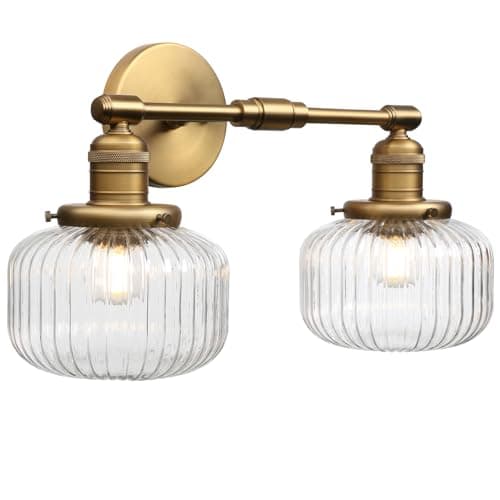 Image of JIMUBEAM 2-Lights Industrial Glass Wall Lights, Antique Brass Clear Striped Globe Shade Wall Sconce Fixture for Bathroom Vanity, Bedroom, Dining Room, Living Room, Farmhouse, Stairs