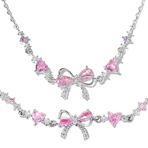 Image of MUNSKT 2 Pcs Sparkling Silver Bow Jewelry Set, Adjustable Bracelet & Necklace Adorned with Pink Zirconia, Elegant Gifts for Girls Women, for Wedding Birthday Christmas Party