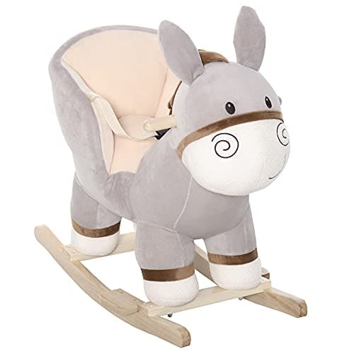 Image of HOMCOM Kids Rocking Horse, Children Plush Ride On Donkey Animal Rocker w/Sound, Wood Base Seat, Safety Belt, Baby Toy Rocker for Toddler 18-36 Months, Grey
