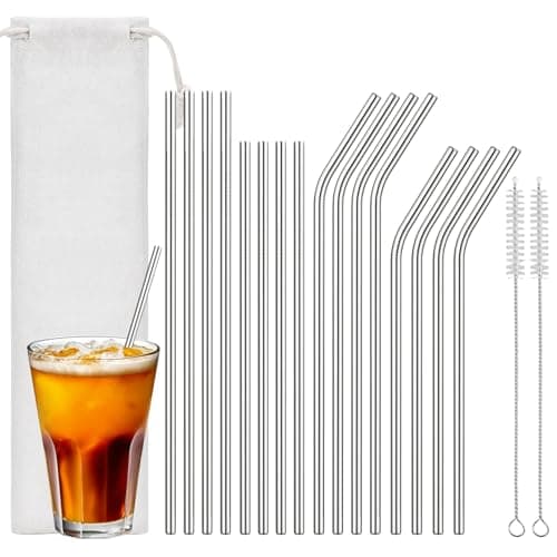 Image of Euqvunn 16 Pcs Metal Straws Set – 8 Straight & 8 Curved (Long & Short), Reusable Stainless Steel Straws with 2 Cleaning Brushes & Bag, Dishwasher Safe