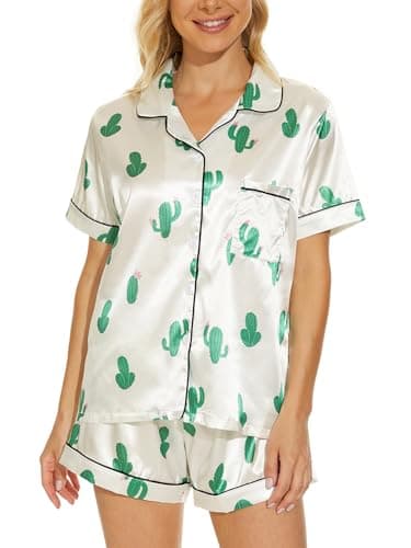Image of MyFav Women's Cactus Print Silky Satin Pajamas Short Sleeve Top with Shorts Sleepwear Lounge Set,Cactus,S