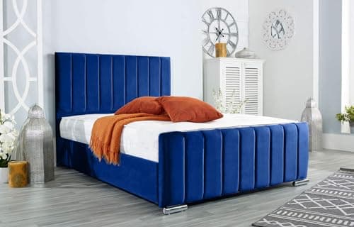 Image of AuGold Beds Upholstered Panel Line 3FT Single Bed – Luxurious Parliament Blue Plush Bed Frame with Headboard & Footboard – Durable Modern Panel Design for Stylish Compact Bedrooms (Single)