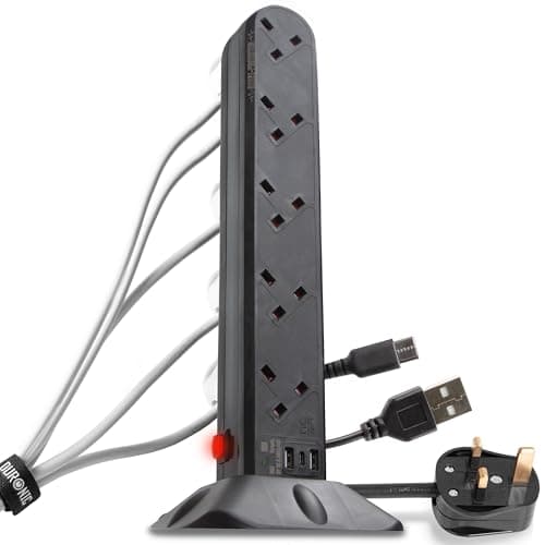 Image of Duronic Tower Extension Lead ST10B 10 Gang Surge Protected Extension leads with USB & USB-C Slot Black 10 Way Electric Power Strip with Spike Protection Multi UK Plug Outlet Socket with 2m Cable