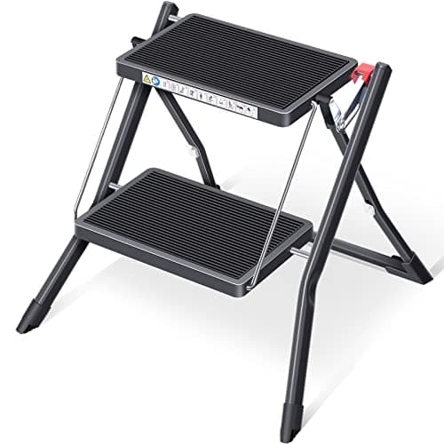 Image of Kingrack Step Ladder Stool, Double Side Folding Step Stool, Portable 2 Step Ladder with handdle, Anti-Slip Large Platform, Slim Household Stepladder with Multi-function, Black