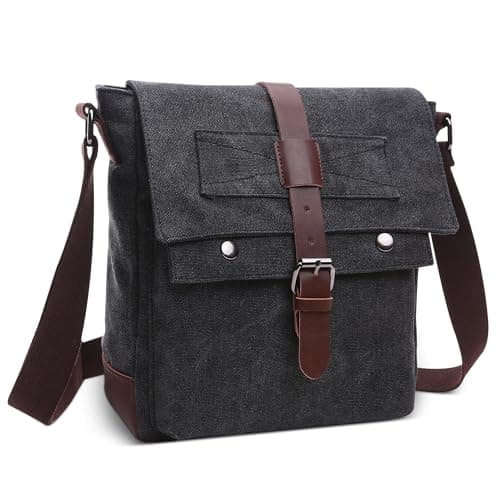 Image of DORRISO Mens Vintage Canvas Shoulder Bag Casual Crossbody Bag for 10.9 Inch iPad with Adjustable Strap Multiple Pockets Satchel Bag for Travel Work Outdoor Daily Men Retro Messenger Bag Black