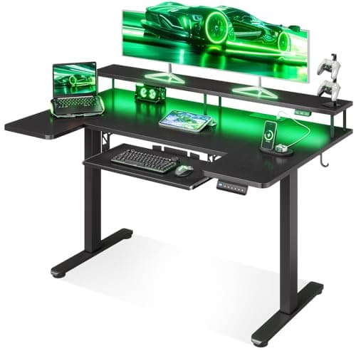 Image of OffiGo Standing Desk, 120cm U Shaped Height Adjustable Desk with Monitor Stand, Electric Sit Stand Rising Table with Sockets, Gaming Computer Table with LED Light for Home Office Workstation, Black
