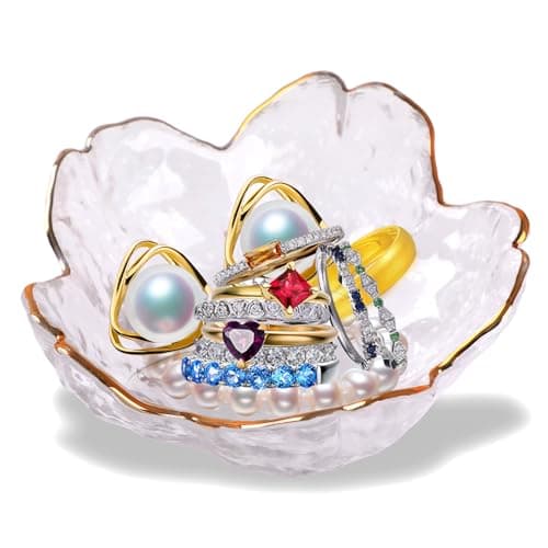 Image of WD&CD Trinket Dish Glass Jewellery Tray Unique Birthday Gifts Jewelry Plate for Women Rings Earrings Necklace and Other Small Accessorie, Transparent with Gold Trim