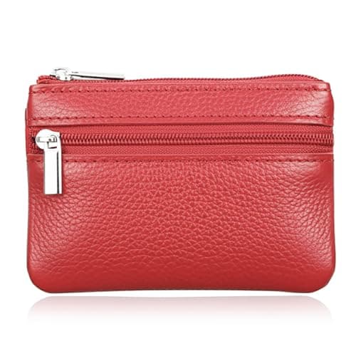 Image of Hibate Mini Coin Purse Holder Wallet Leather Purses for Women Men Kids Minimalist Zipper Pouch with Key Ring - Red
