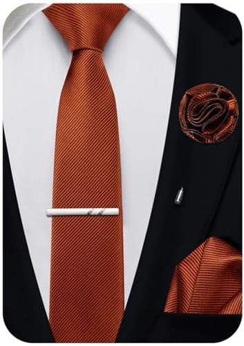 Image of Ailisus Rust Skinny Tie and Pocket Square 2.4''(6cm) Solid Color Classic Slim Ties for Men Handky Lapel Pin Tie Clip Set Wedding Party