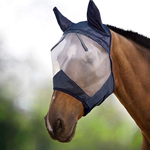 Image of Harrison Howard CareMaster Horse Fly Mask Half Face with Ears Black/Silver Retro Large Full Size