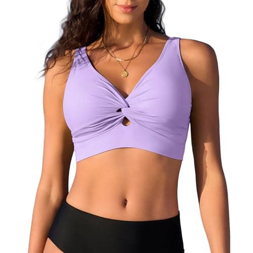 Image of Purple Women's Bikini Top Twist Front V-Neck Swimwear Adjustable Padded Swim Bra Mix & Match Bathing Suit Tops for Large Bust UK Holiday Beachwear