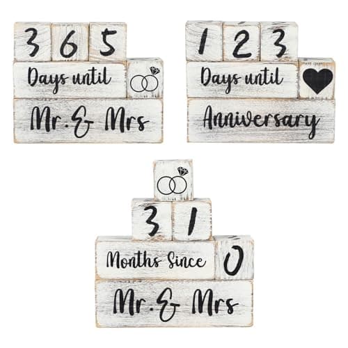 Image of Wedding Countdown Sign, Wooden Blocks Wedding Day Countdown Calendar, Engagement Gifts for Couples, Valentine's Day Anniversary Personalised Gifts for Bride and Groom (White)