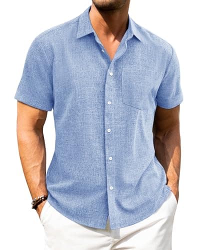 Image of J.VER Blue Linen Short Sleeve Shirts Mens Summer Regular Fit Beach Holiday Smart Casual Button Down Shirt 2XL