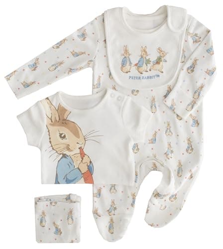 Image of Peter Rabbit Baby Girl Boy 4 Piece Outfit Sleepsuit Bodysuit Bottoms Bib (Peter Rabbit - 4 Piece Set, 12-18 Months)