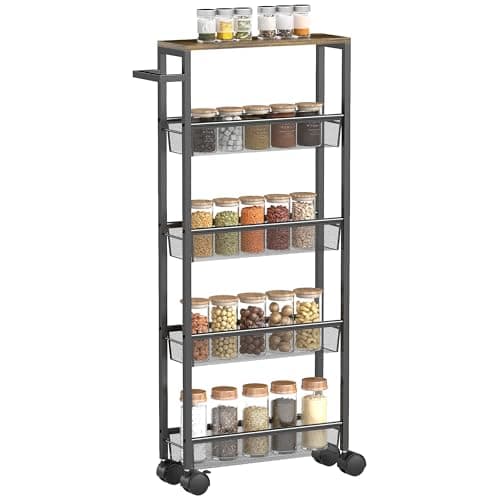 Image of HOMCOM 5-Tier Slim Storage Trolley, Kitchen Cart on Wheels with Wood-effect Top, Metal Frame, Handle, Rolling Kitchen Trolley for Living Room, Bathroom, Laundry, Small Space, 47 x 13 x 96.5 cm, Black