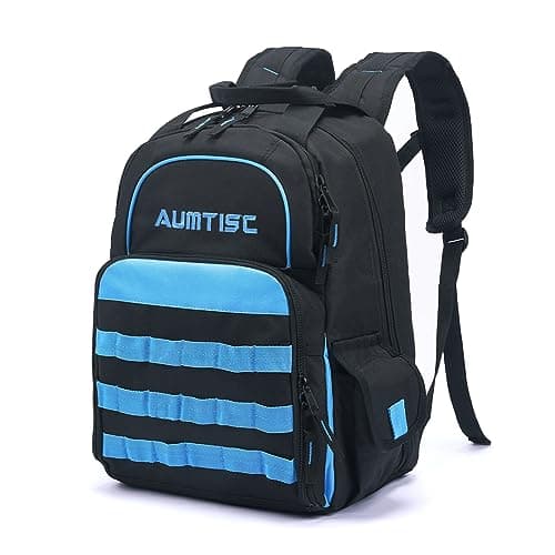 Image of AUMTISC Electrician Tool Backpack,Heavy Duty Durable Tool Bag,Technician Tool Storage with Multi-Pockets Storage Organiser,16in x 11in x 9in,Blue